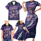Personalised Hobart Hurricanes Cricket Fan Pride Family Matching Short Sleeve Bodycon Dress and Hawaiian Shirt Dynamic Swirling Storm Cricket Graphic Art With Hobart Skyline