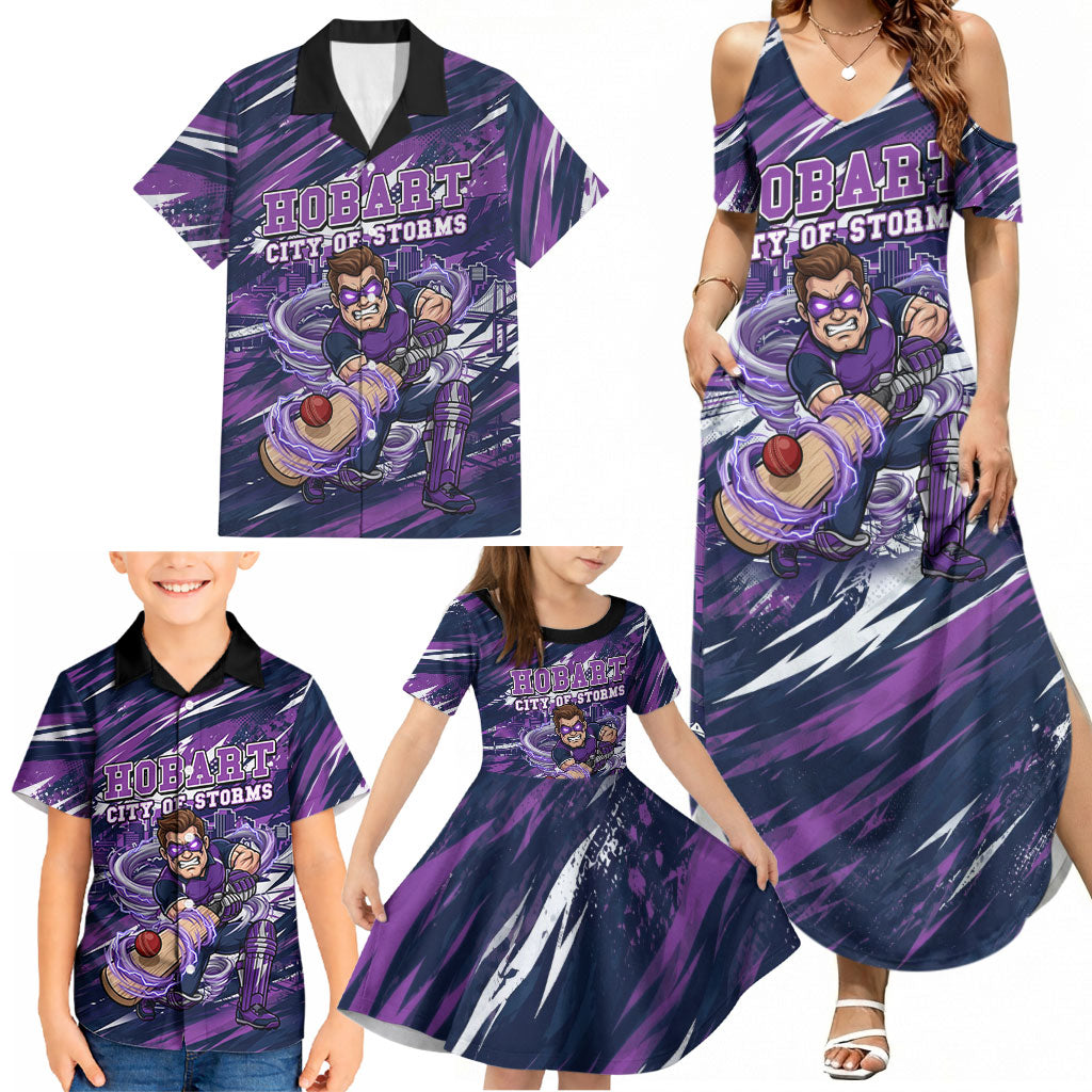 Personalised Hobart Hurricanes Cricket Fan Pride Family Matching Summer Maxi Dress and Hawaiian Shirt Dynamic Swirling Storm Cricket Graphic Art With Hobart Skyline