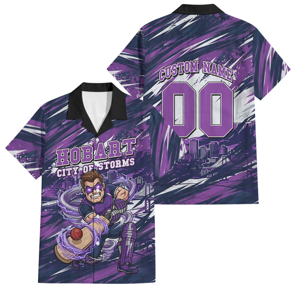 Personalised Hobart Hurricanes Cricket Fan Pride Family Matching Summer Maxi Dress and Hawaiian Shirt Dynamic Swirling Storm Cricket Graphic Art With Hobart Skyline
