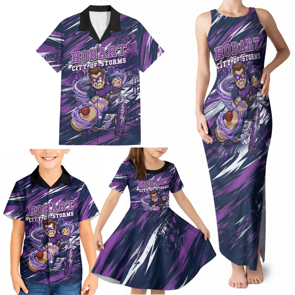 Personalised Hobart Hurricanes Cricket Fan Pride Family Matching Tank Maxi Dress and Hawaiian Shirt Dynamic Swirling Storm Cricket Graphic Art With Hobart Skyline