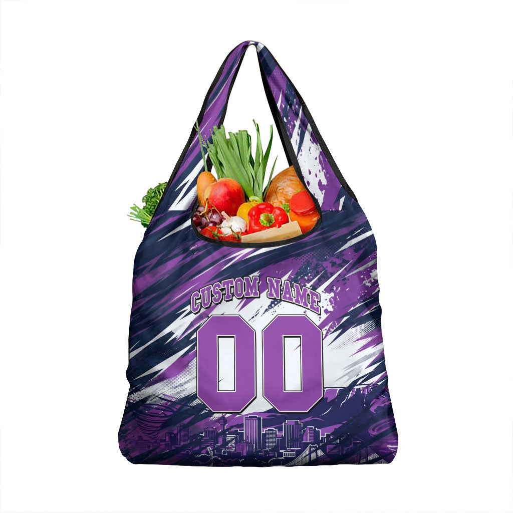Personalised Hobart Hurricanes Cricket Fan Pride Grocery Bag Dynamic Swirling Storm Cricket Graphic Art With Hobart Skyline