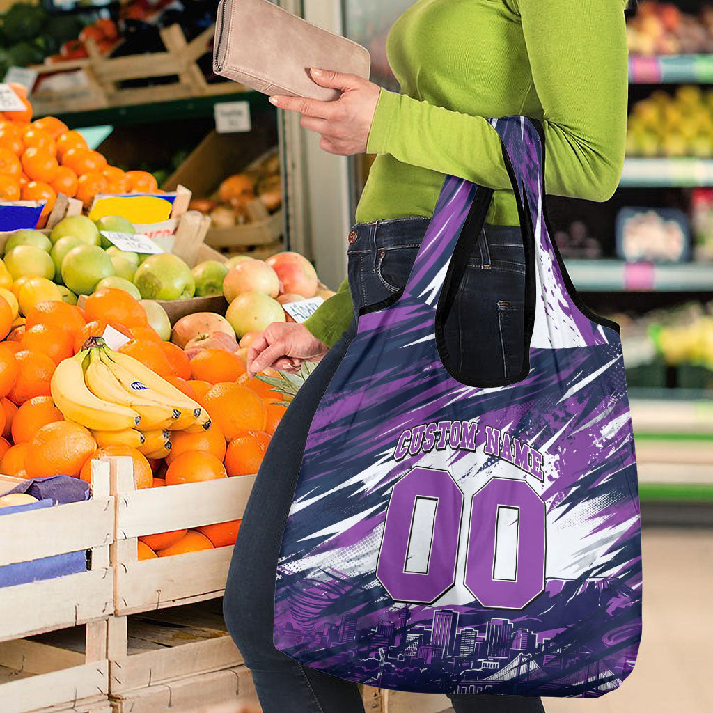 Personalised Hobart Hurricanes Cricket Fan Pride Grocery Bag Dynamic Swirling Storm Cricket Graphic Art With Hobart Skyline