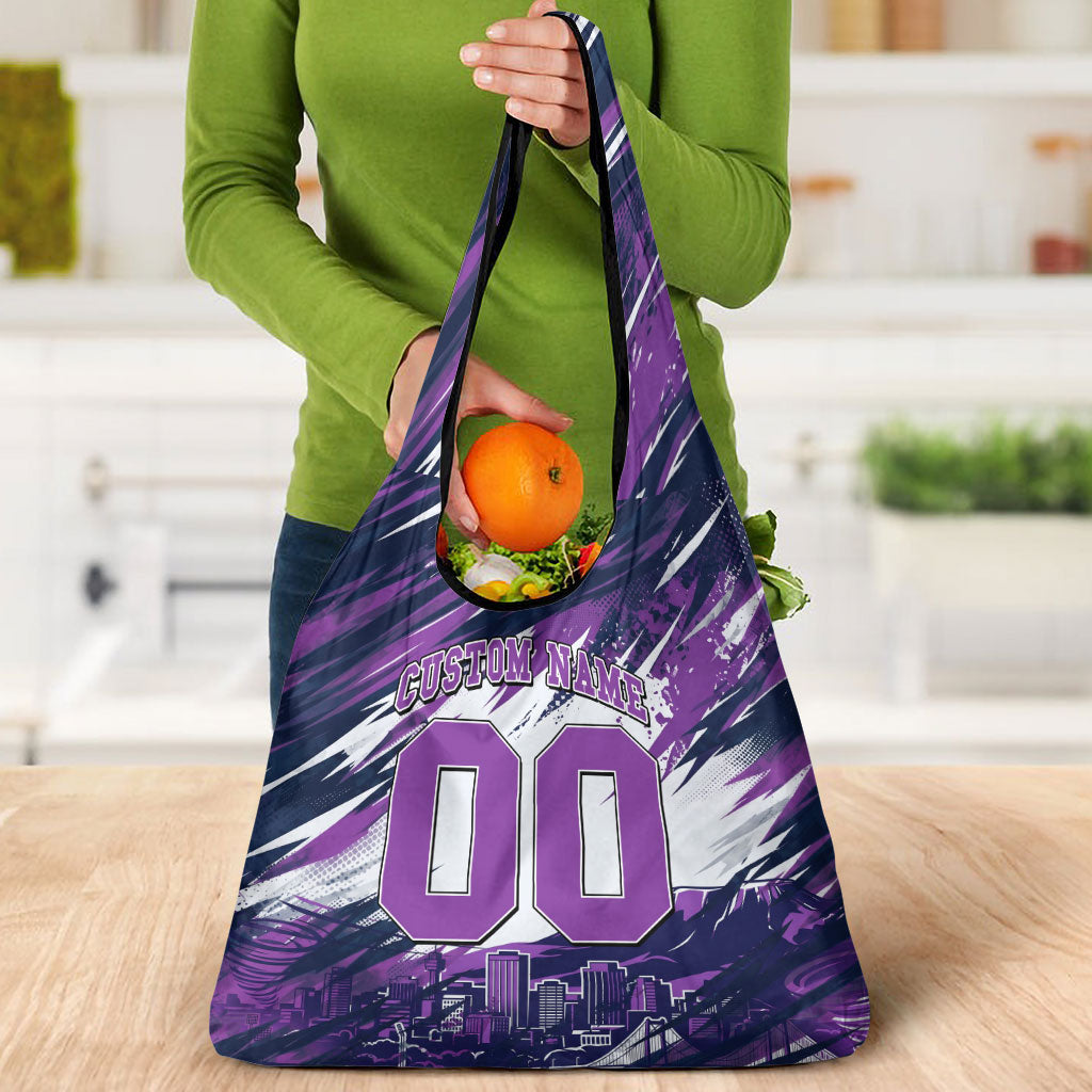 Personalised Hobart Hurricanes Cricket Fan Pride Grocery Bag Dynamic Swirling Storm Cricket Graphic Art With Hobart Skyline