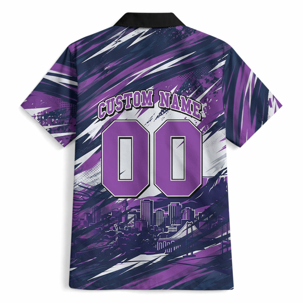 Personalised Hobart Hurricanes Cricket Fan Pride Hawaiian Shirt Dynamic Swirling Storm Cricket Graphic Art With Hobart Skyline