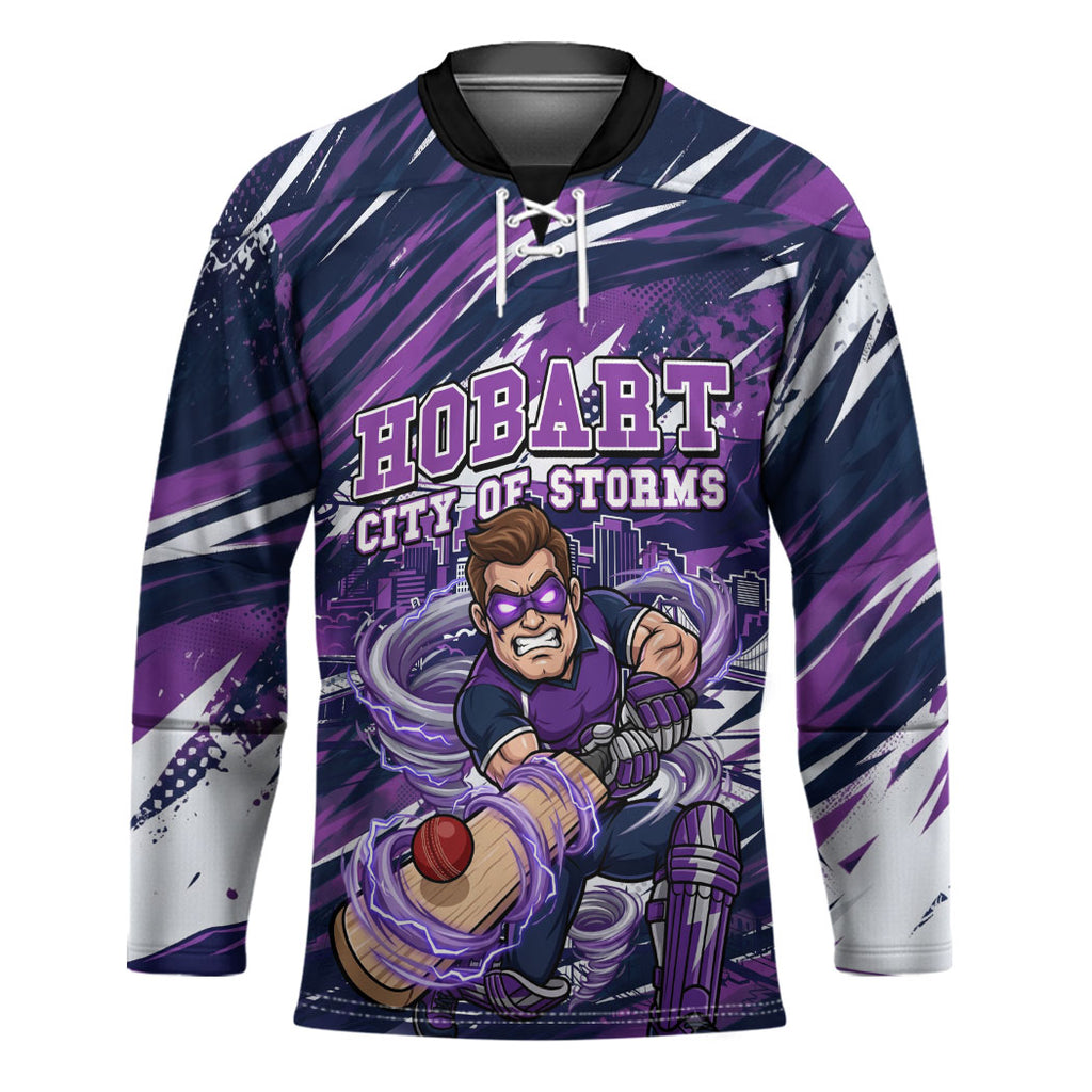 Personalised Hobart Hurricanes Cricket Fan Pride Hockey Jersey Dynamic Swirling Storm Cricket Graphic Art With Hobart Skyline