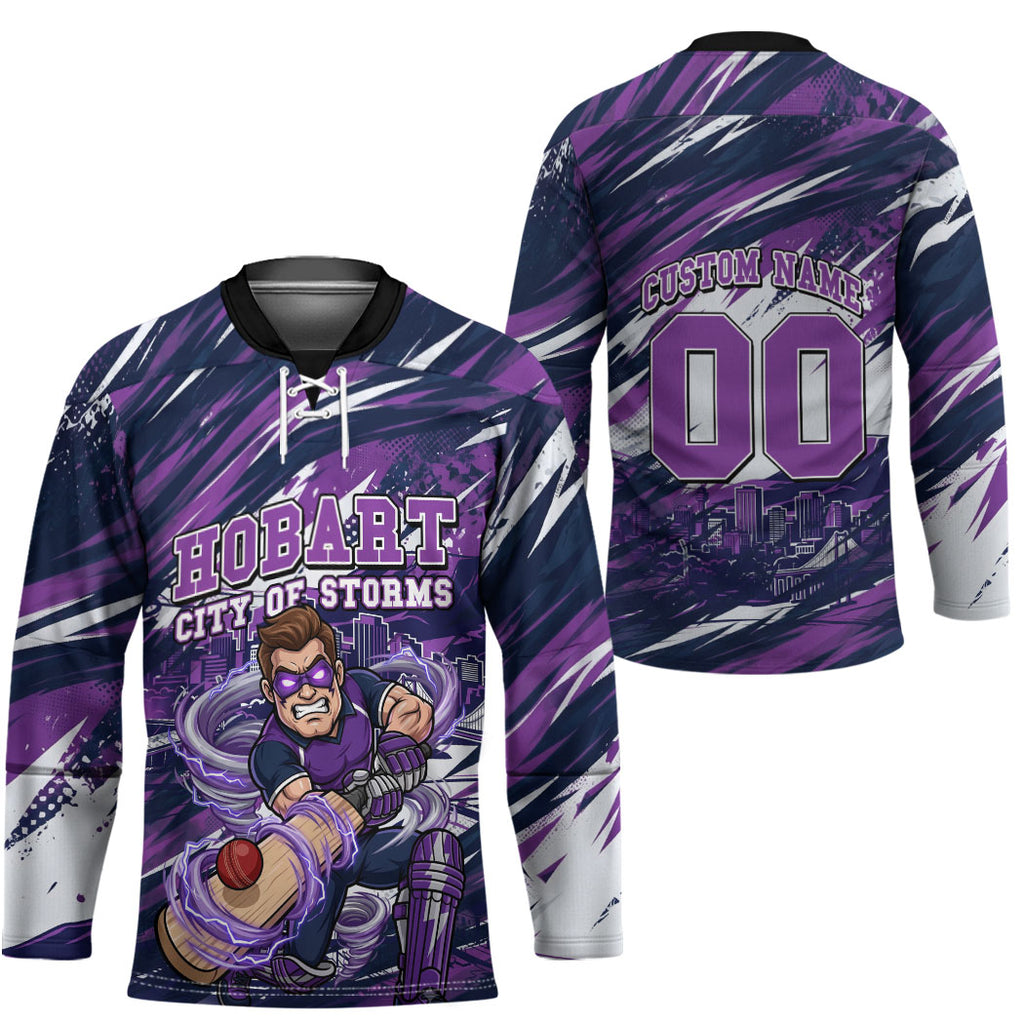 Personalised Hobart Hurricanes Cricket Fan Pride Hockey Jersey Dynamic Swirling Storm Cricket Graphic Art With Hobart Skyline