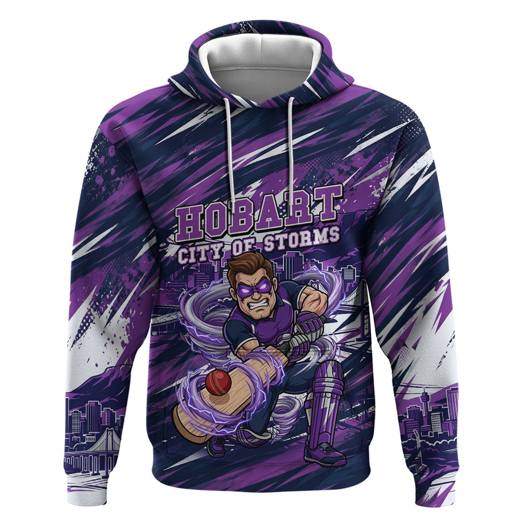 Personalised Hobart Hurricanes Cricket Fan Pride Hoodie Dynamic Swirling Storm Cricket Graphic Art With Hobart Skyline
