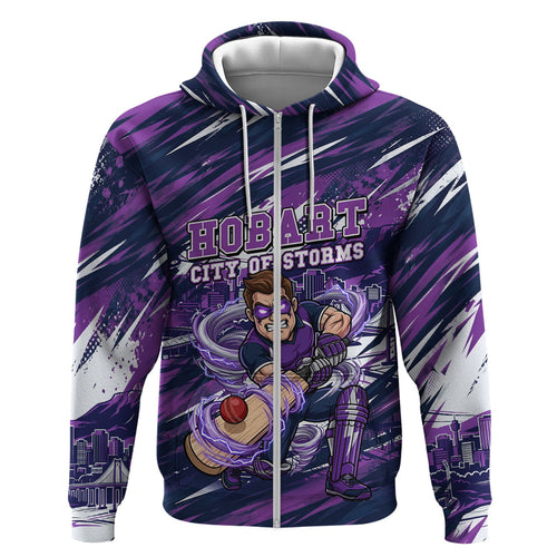 Personalised Hobart Hurricanes Cricket Fan Pride Hoodie Dynamic Swirling Storm Cricket Graphic Art With Hobart Skyline
