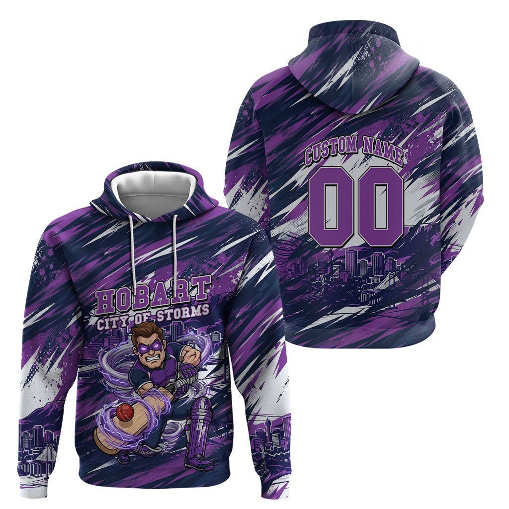 Personalised Hobart Hurricanes Cricket Fan Pride Hoodie Dynamic Swirling Storm Cricket Graphic Art With Hobart Skyline