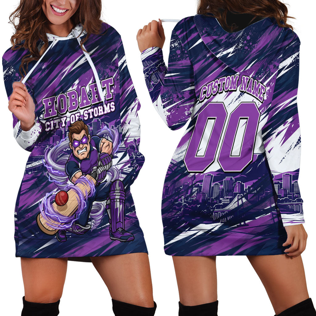 Personalised Hobart Hurricanes Cricket Fan Pride Hoodie Dress Dynamic Swirling Storm Cricket Graphic Art With Hobart Skyline