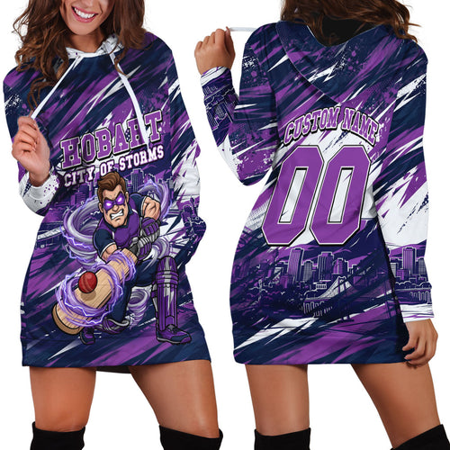 Personalised Hobart Hurricanes Cricket Fan Pride Hoodie Dress Dynamic Swirling Storm Cricket Graphic Art With Hobart Skyline