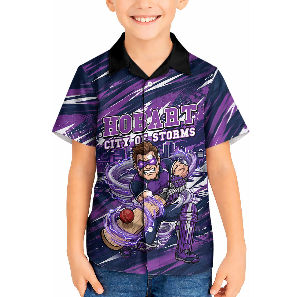 Personalised Hobart Hurricanes Cricket Fan Pride Kid Hawaiian Shirt Dynamic Swirling Storm Cricket Graphic Art With Hobart Skyline