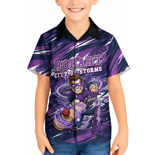 Personalised Hobart Hurricanes Cricket Fan Pride Kid Hawaiian Shirt Dynamic Swirling Storm Cricket Graphic Art With Hobart Skyline