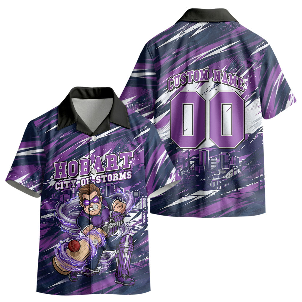 Personalised Hobart Hurricanes Cricket Fan Pride Kid Hawaiian Shirt Dynamic Swirling Storm Cricket Graphic Art With Hobart Skyline