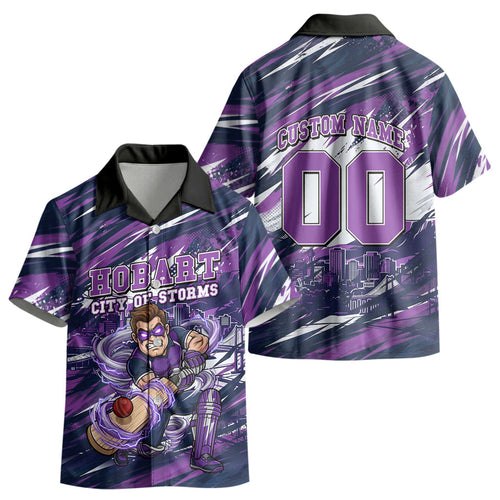 Personalised Hobart Hurricanes Cricket Fan Pride Kid Hawaiian Shirt Dynamic Swirling Storm Cricket Graphic Art With Hobart Skyline