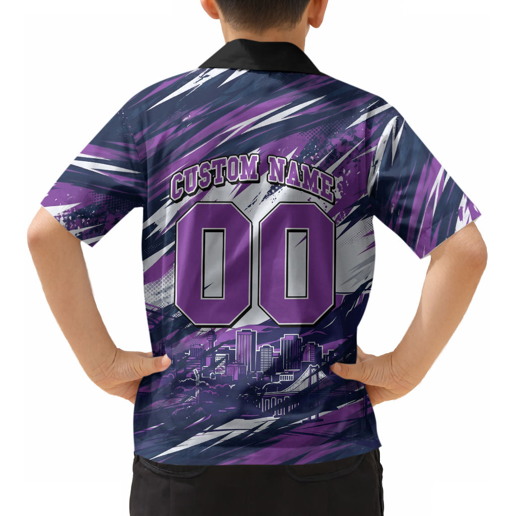 Personalised Hobart Hurricanes Cricket Fan Pride Kid Hawaiian Shirt Dynamic Swirling Storm Cricket Graphic Art With Hobart Skyline