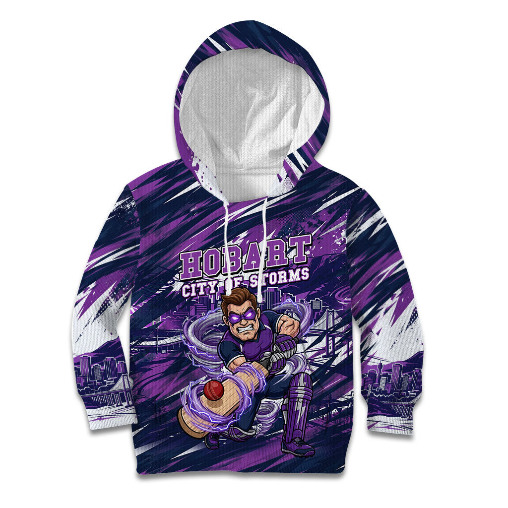 Personalised Hobart Hurricanes Cricket Fan Pride Kid Hoodie Dynamic Swirling Storm Cricket Graphic Art With Hobart Skyline
