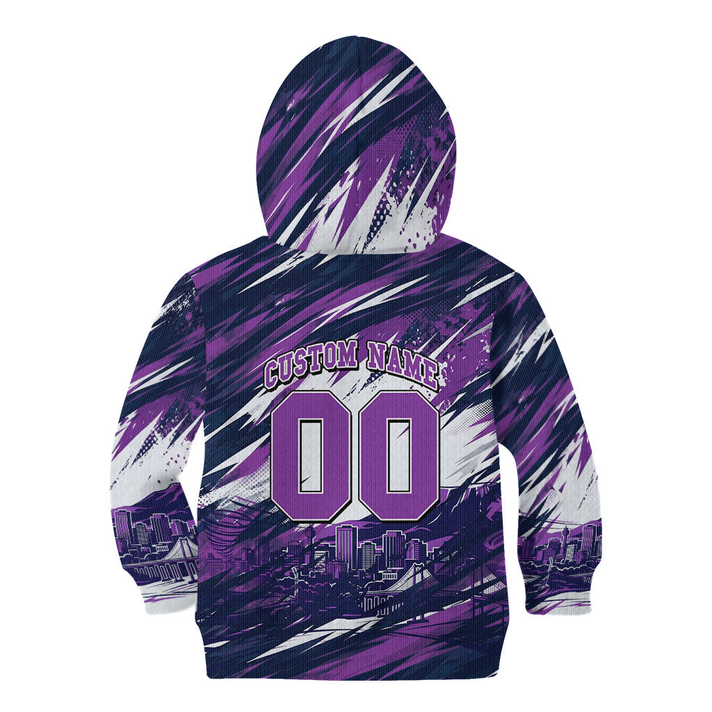 Personalised Hobart Hurricanes Cricket Fan Pride Kid Hoodie Dynamic Swirling Storm Cricket Graphic Art With Hobart Skyline