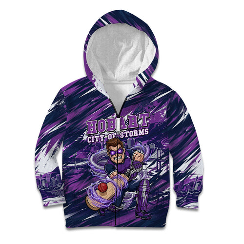 Personalised Hobart Hurricanes Cricket Fan Pride Kid Hoodie Dynamic Swirling Storm Cricket Graphic Art With Hobart Skyline