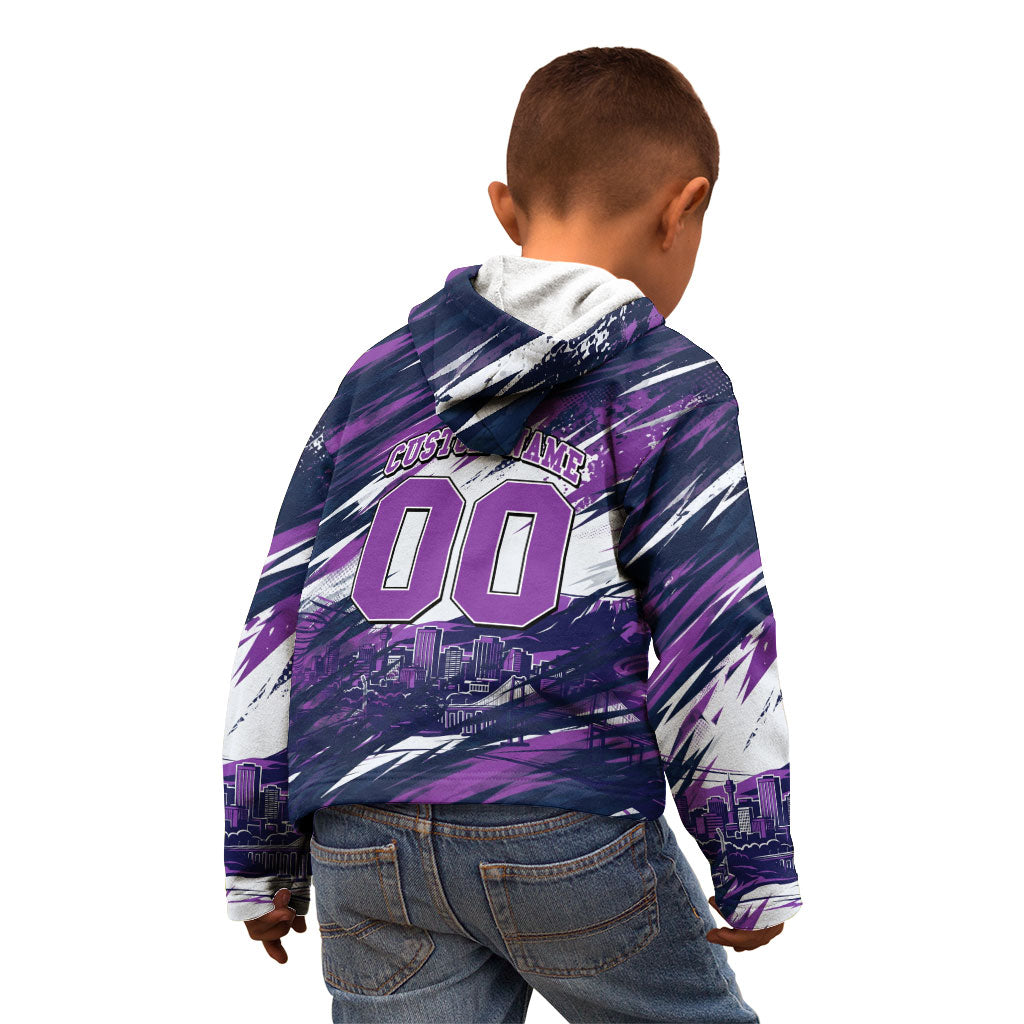 Personalised Hobart Hurricanes Cricket Fan Pride Kid Hoodie Dynamic Swirling Storm Cricket Graphic Art With Hobart Skyline