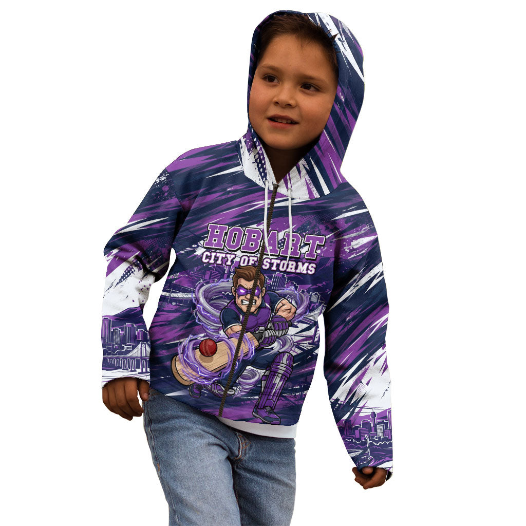 Personalised Hobart Hurricanes Cricket Fan Pride Kid Hoodie Dynamic Swirling Storm Cricket Graphic Art With Hobart Skyline