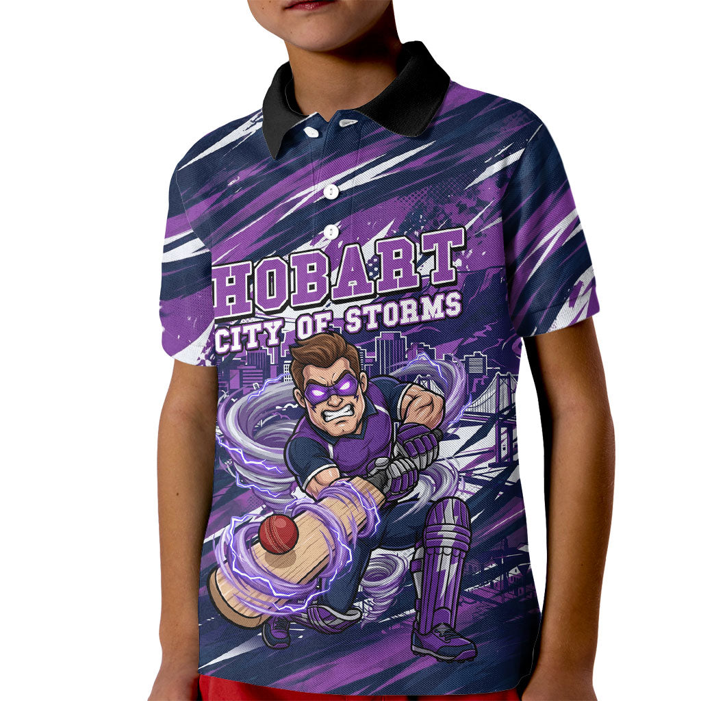 Personalised Hobart Hurricanes Cricket Fan Pride Kid Polo Shirt Dynamic Swirling Storm Cricket Graphic Art With Hobart Skyline