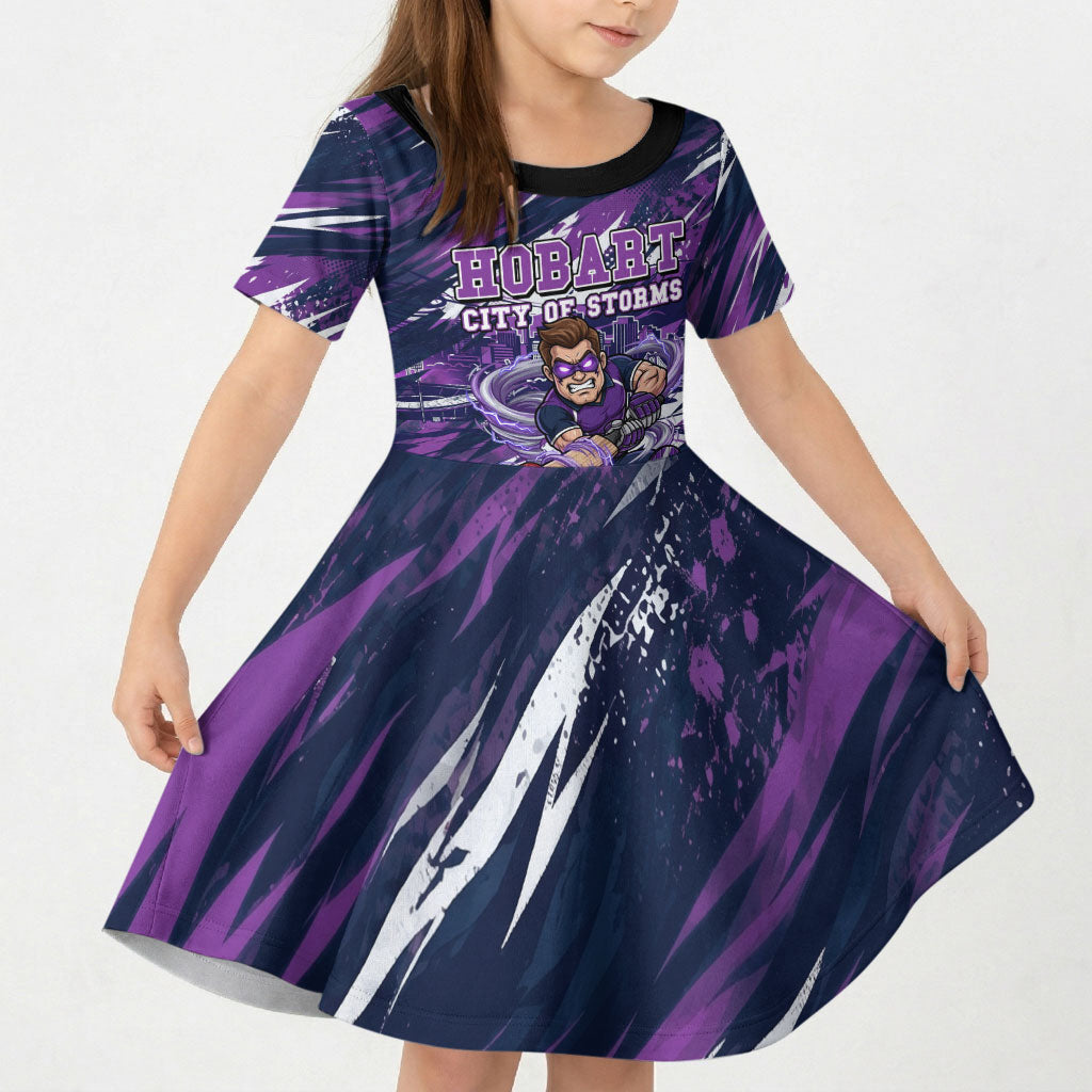Personalised Hobart Hurricanes Cricket Fan Pride Kid Short Sleeve Dress Dynamic Swirling Storm Cricket Graphic Art With Hobart Skyline