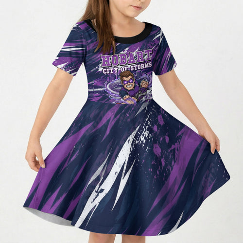 Personalised Hobart Hurricanes Cricket Fan Pride Kid Short Sleeve Dress Dynamic Swirling Storm Cricket Graphic Art With Hobart Skyline