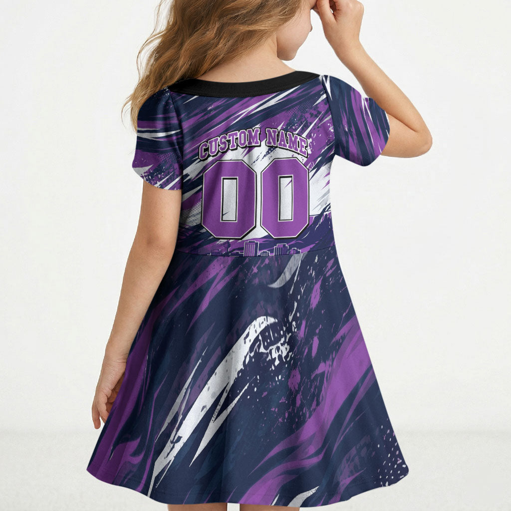 Personalised Hobart Hurricanes Cricket Fan Pride Kid Short Sleeve Dress Dynamic Swirling Storm Cricket Graphic Art With Hobart Skyline
