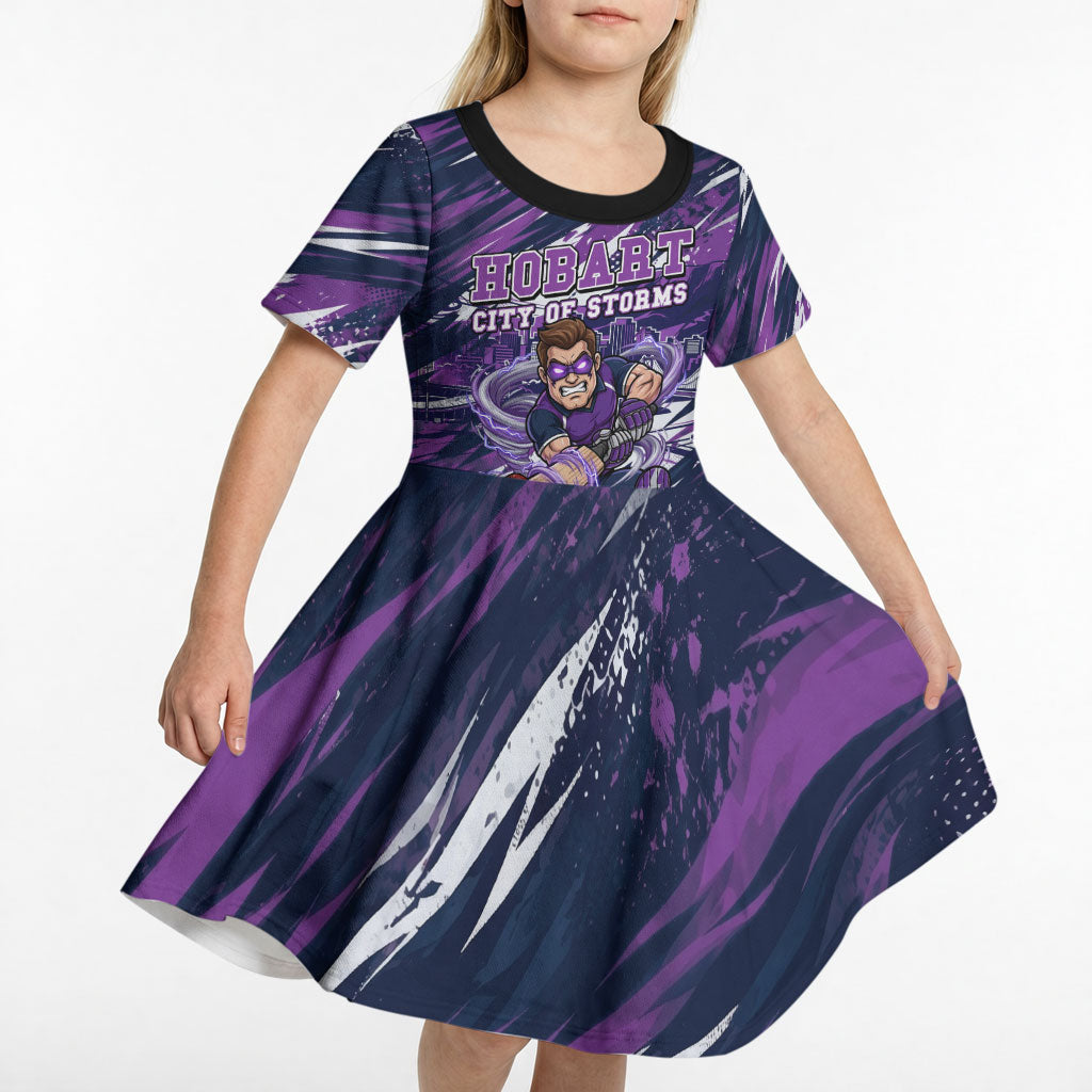 Personalised Hobart Hurricanes Cricket Fan Pride Kid Short Sleeve Dress Dynamic Swirling Storm Cricket Graphic Art With Hobart Skyline