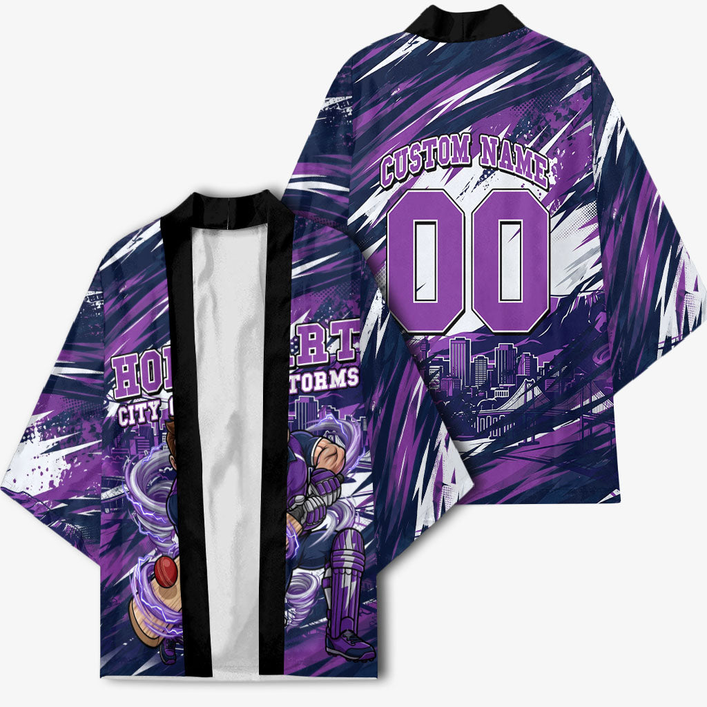 Personalised Hobart Hurricanes Cricket Fan Pride Kimono Dynamic Swirling Storm Cricket Graphic Art With Hobart Skyline
