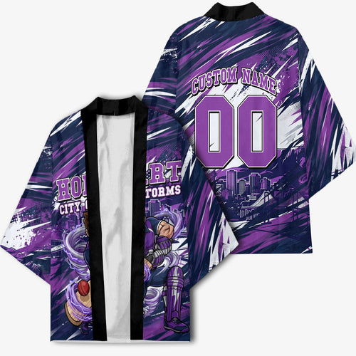 Personalised Hobart Hurricanes Cricket Fan Pride Kimono Dynamic Swirling Storm Cricket Graphic Art With Hobart Skyline