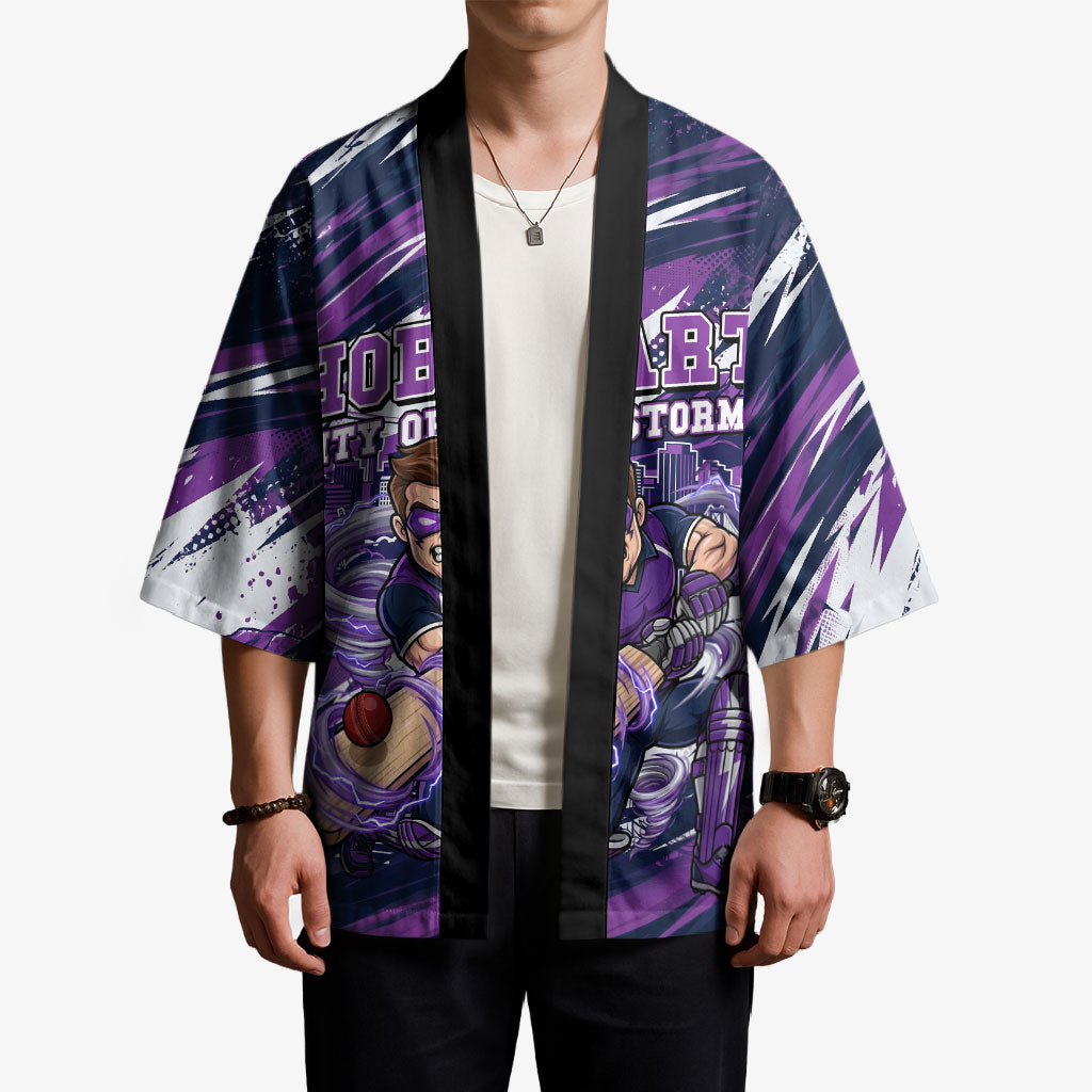 Personalised Hobart Hurricanes Cricket Fan Pride Kimono Dynamic Swirling Storm Cricket Graphic Art With Hobart Skyline