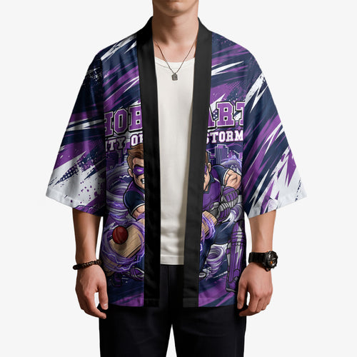 Personalised Hobart Hurricanes Cricket Fan Pride Kimono Dynamic Swirling Storm Cricket Graphic Art With Hobart Skyline