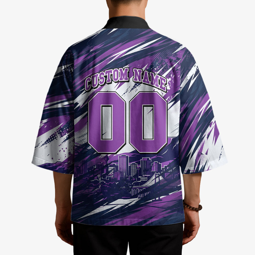 Personalised Hobart Hurricanes Cricket Fan Pride Kimono Dynamic Swirling Storm Cricket Graphic Art With Hobart Skyline