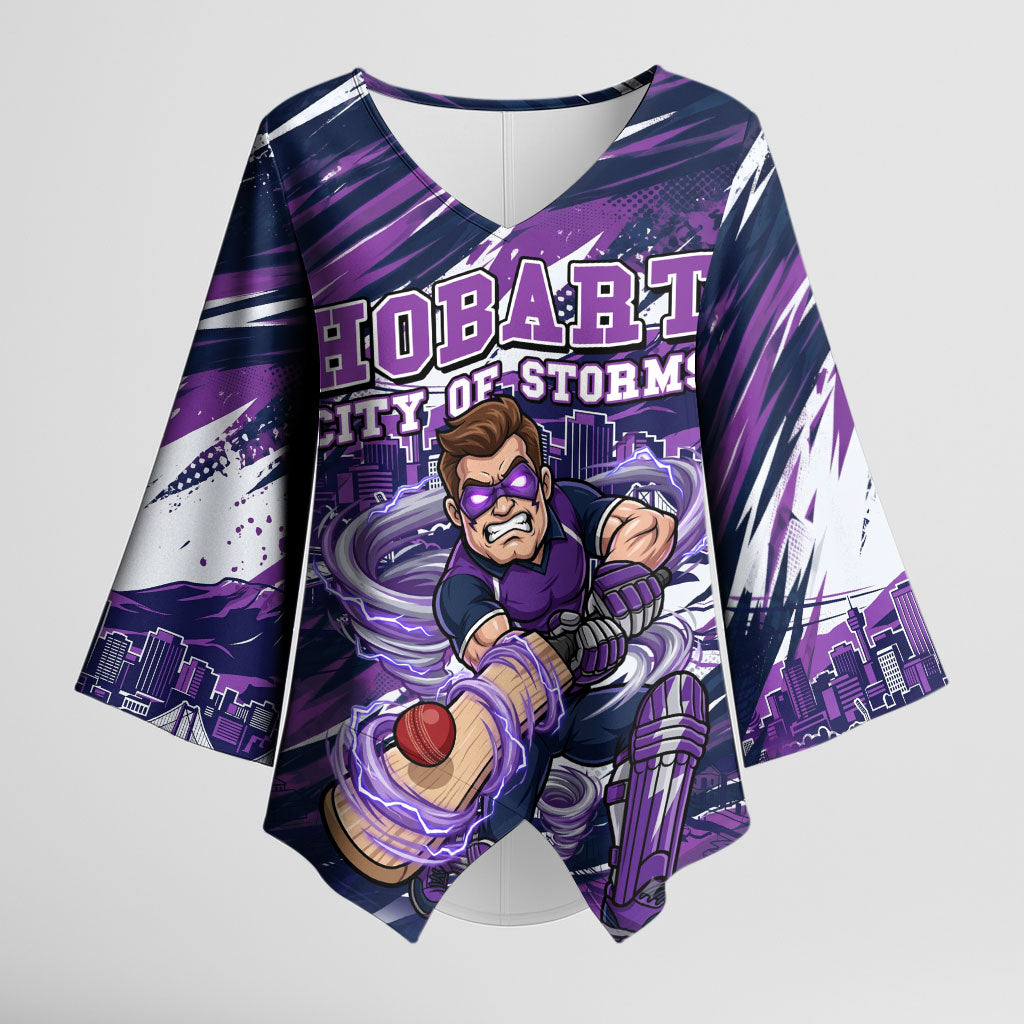 Personalised Hobart Hurricanes Cricket Fan Pride Kimono Sleeve Blouse Dynamic Swirling Storm Cricket Graphic Art With Hobart Skyline