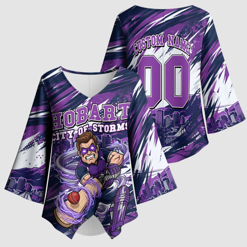 Personalised Hobart Hurricanes Cricket Fan Pride Kimono Sleeve Blouse Dynamic Swirling Storm Cricket Graphic Art With Hobart Skyline