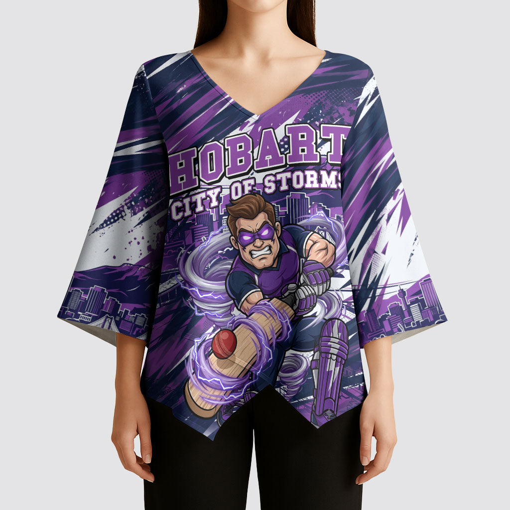 Personalised Hobart Hurricanes Cricket Fan Pride Kimono Sleeve Blouse Dynamic Swirling Storm Cricket Graphic Art With Hobart Skyline