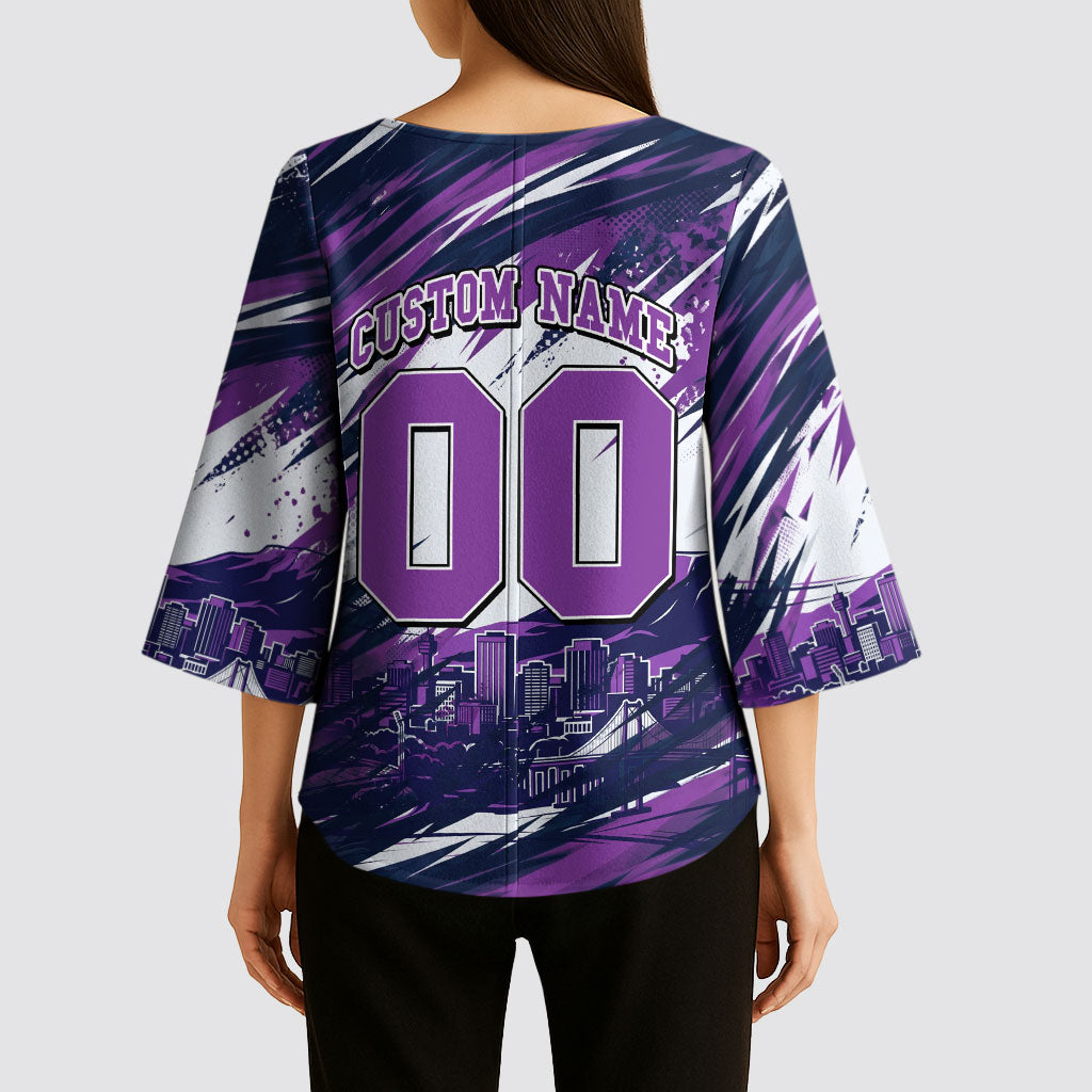 Personalised Hobart Hurricanes Cricket Fan Pride Kimono Sleeve Blouse Dynamic Swirling Storm Cricket Graphic Art With Hobart Skyline
