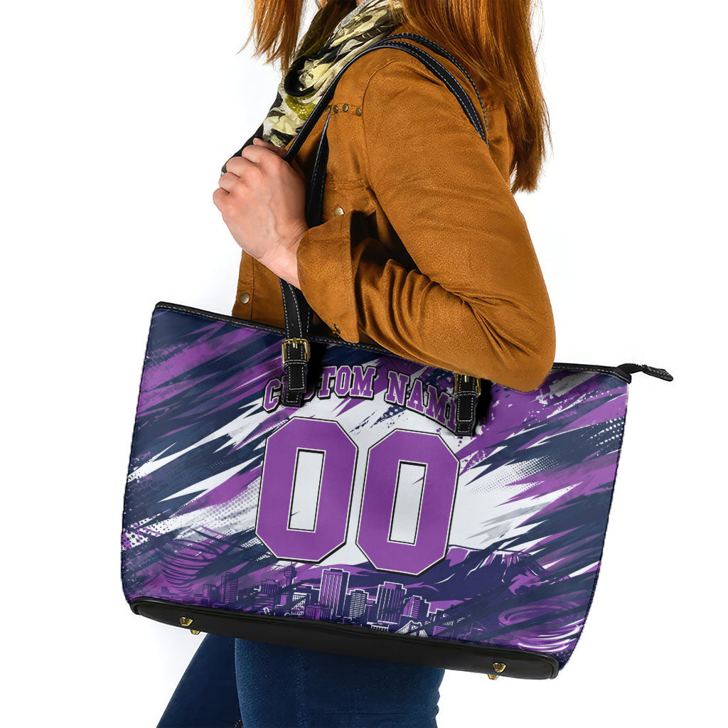 Personalised Hobart Hurricanes Cricket Fan Pride Leather Tote Bag Dynamic Swirling Storm Cricket Graphic Art With Hobart Skyline