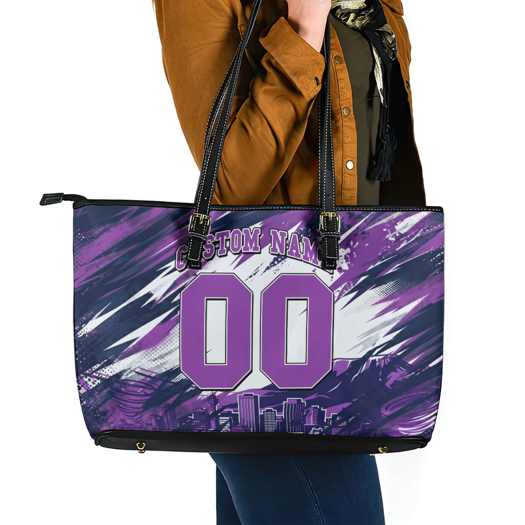 Personalised Hobart Hurricanes Cricket Fan Pride Leather Tote Bag Dynamic Swirling Storm Cricket Graphic Art With Hobart Skyline