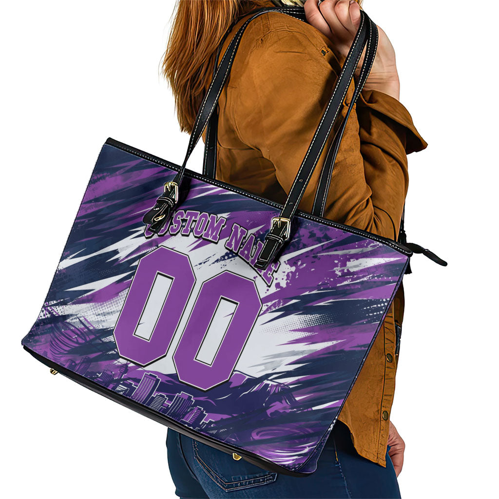 Personalised Hobart Hurricanes Cricket Fan Pride Leather Tote Bag Dynamic Swirling Storm Cricket Graphic Art With Hobart Skyline