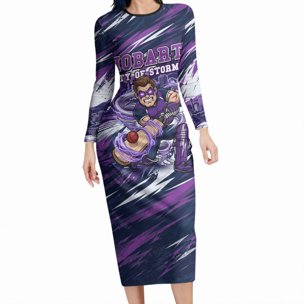 Personalised Hobart Hurricanes Cricket Fan Pride Long Sleeve Bodycon Dress Dynamic Swirling Storm Cricket Graphic Art With Hobart Skyline