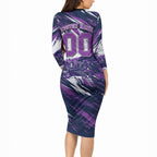Personalised Hobart Hurricanes Cricket Fan Pride Long Sleeve Bodycon Dress Dynamic Swirling Storm Cricket Graphic Art With Hobart Skyline