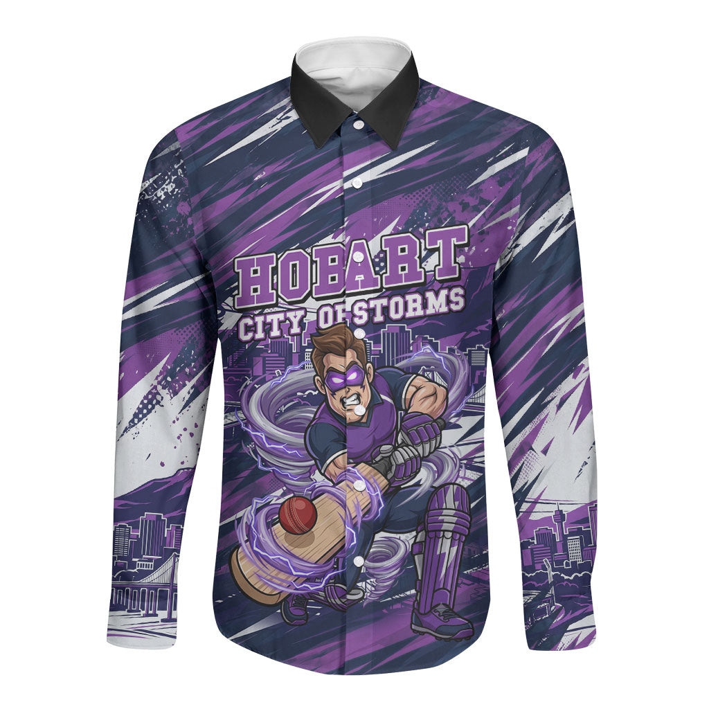 Personalised Hobart Hurricanes Cricket Fan Pride Long Sleeve Button Shirt Dynamic Swirling Storm Cricket Graphic Art With Hobart Skyline