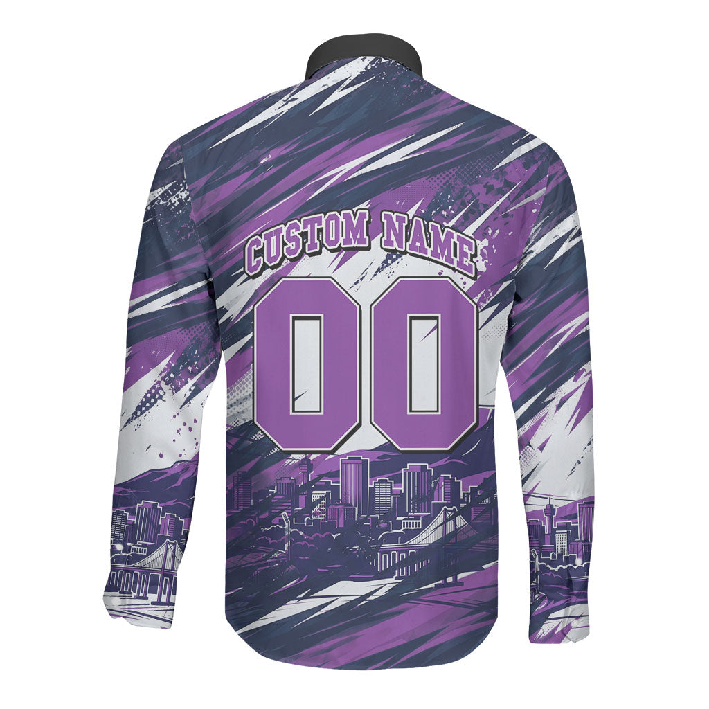 Personalised Hobart Hurricanes Cricket Fan Pride Long Sleeve Button Shirt Dynamic Swirling Storm Cricket Graphic Art With Hobart Skyline
