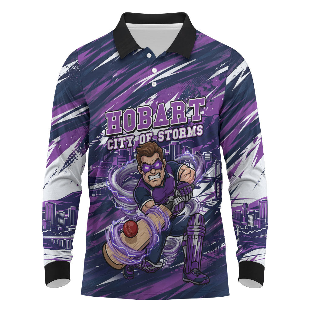 Personalised Hobart Hurricanes Cricket Fan Pride Long Sleeve Polo Shirt Dynamic Swirling Storm Cricket Graphic Art With Hobart Skyline