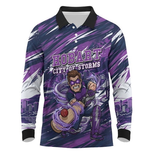 Personalised Hobart Hurricanes Cricket Fan Pride Long Sleeve Polo Shirt Dynamic Swirling Storm Cricket Graphic Art With Hobart Skyline