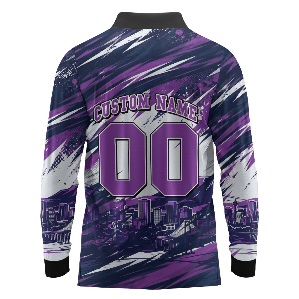Personalised Hobart Hurricanes Cricket Fan Pride Long Sleeve Polo Shirt Dynamic Swirling Storm Cricket Graphic Art With Hobart Skyline