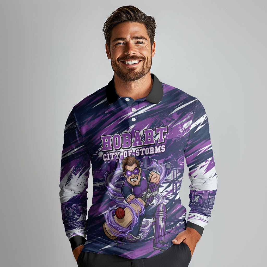 Personalised Hobart Hurricanes Cricket Fan Pride Long Sleeve Polo Shirt Dynamic Swirling Storm Cricket Graphic Art With Hobart Skyline